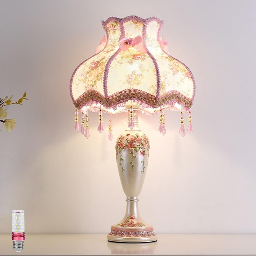 517fMzEzXwL._AC_SL1000_.jpg Lovely Table Lamp with Fabric Lampshade, Antique Flower Bedside Desk Lamp, Handmade Night Light for Bedroom Nightstand - Image 1