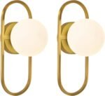 Mid Century Wall Sconces Modern Gold Vanity Wall Lamp with White Globe Lampshade Wall Light Fixture for Bathroom Bedroom Living Room Set of 2