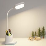 Desk Lamp, LED Large Desk Light 3 Reading Modes, with USB Output Port, Rechargeable Cordless Battery Operared, Pen Holder Nightlight, Flexible Gooseneck, Protable Office College Dorm Essentials, White