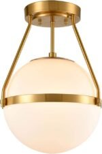 Mid Century Modern Globe Semi Flush Mount Ceiling Light Fixture,White Opal with Brass Finish,Living/Dinning Room
