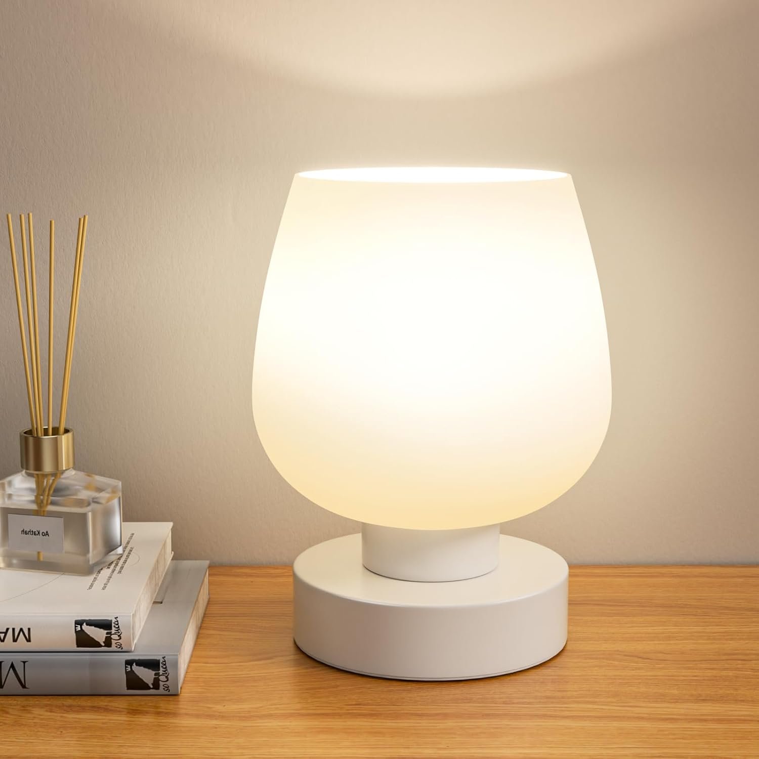 616jMnx2y7L._AC_SL1500_.jpg Touch Table Lamp for Nightstand - Small Bedside Lamp for Bedroom Living Room Night Stands, Desk Lamp with White Glass Shade for Small Spaces, 3 Way Dimmable, LED Bulbs, Gifts - Image 1