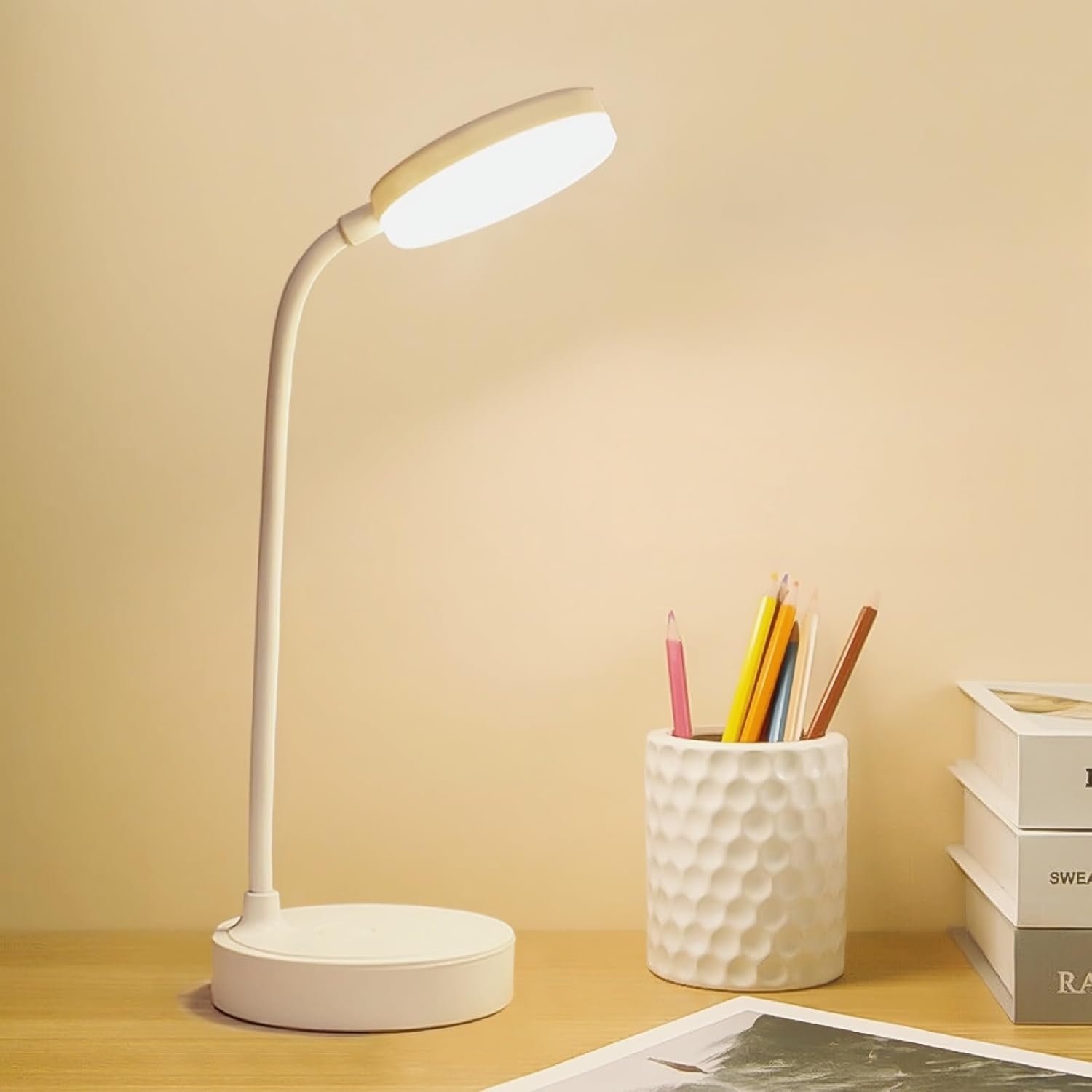 61CqgH931nL._AC_SL1500_.jpg Small Desk lamp USB Rechargeable Desk lamp with 3 Color Modes, dimmable Learning lamp for Learning, Reading and Writing, Art and handicrafts, Nail Art, Flexible gooseneck Desk lamp - Image 1