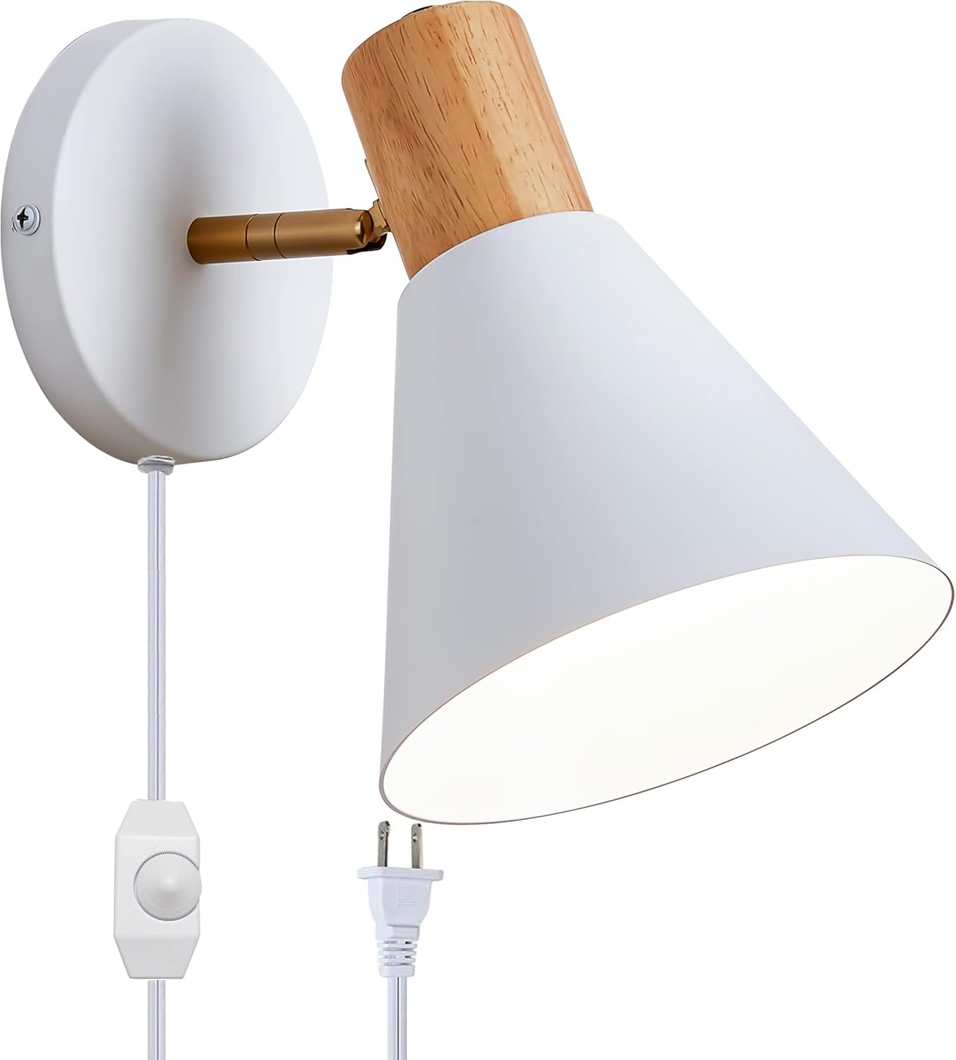 61I2RE0aqL._AC_SL1500_.jpg Plug in Wall Sconces Lighting for Bedroom, White Dimmable Wood Style Wall Sconce Reading Lamp, Adjustable Wall Light for Bedroom Hallway Living Room (White-Plug in, 1) - Image 1