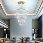 LED Crystal Chandeliers, Modern 5 Rings Pendant Light Titanium Gold Stainless Steel Height Adjustable Ceiling Light for Bedroom Dinning Room Kitchen (Cool White) - Image 2