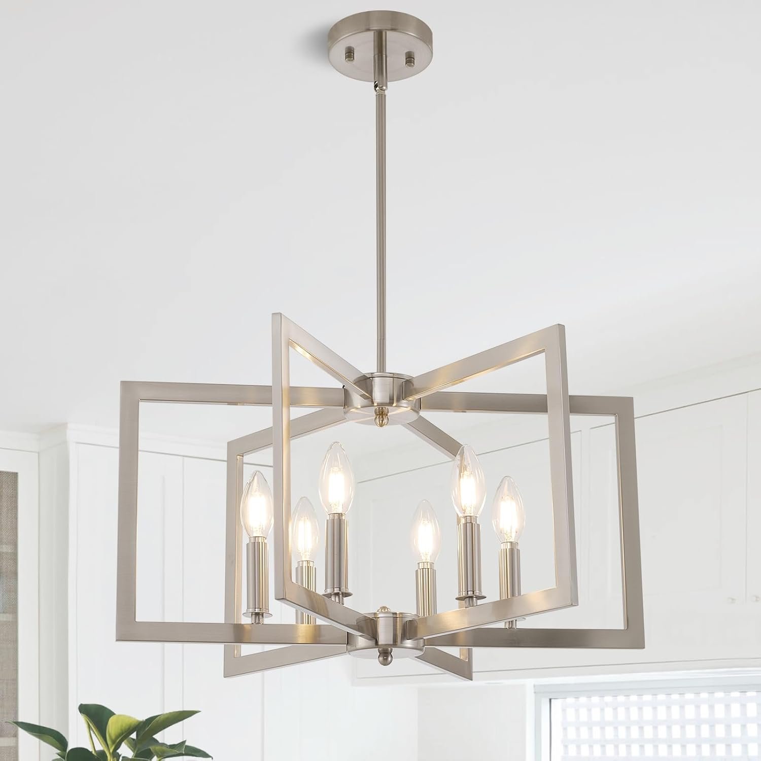 61Mi3xqdLRL._AC_SL1500_.jpg Dining Room Light Fixture, 6-Light Brushed Nickel Chandelier Modern Metal Industrial Chandelier Lighting for Farmhouse Living Room Kitchen Entryway (Nickel, E12 Bulbs Not Included) - Image 1