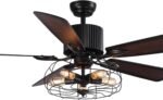Industrial Caged Ceiling Fan Light with Remote Control 52 Inch Vintage Ceiling Fan Light Farmhouse Black Retro Indoor Fandelier with 5 Reversible Wood Blades for Living Room Bedroom