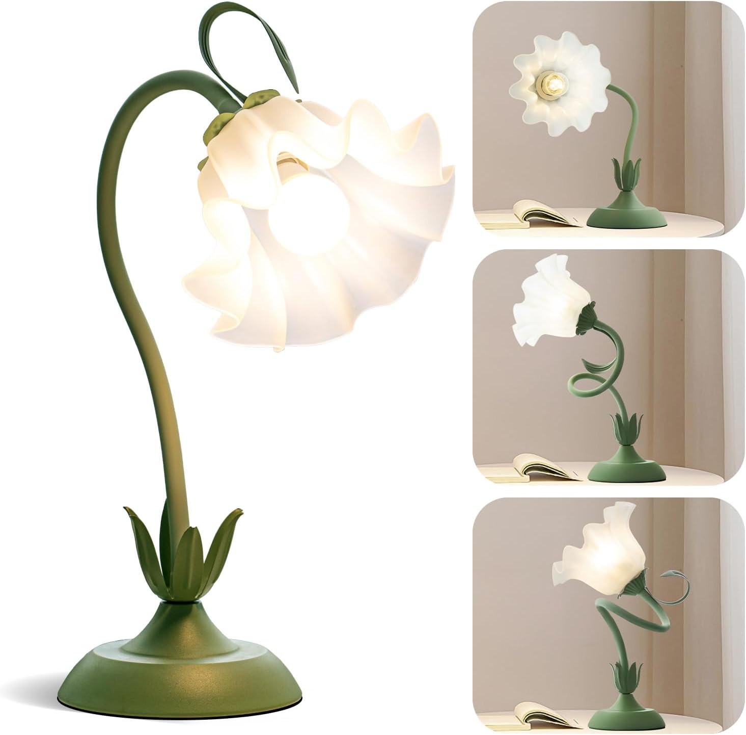61PlTNuFeGL._AC_SL1500_.jpg Vintage Flower Table Lamp,? LED Reading Lamp Cute Flower Bedside Night Light 3 Color Modes Gooseneck Desk Lamp for Living Room Office Reading Home Decoration (Green) - Image 1