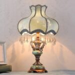 Lovely Table Lamp with Fabric Lampshade, Antique Flower  Bedside Desk Lamp, Crystal Night Light for Bedroom Nightstand, Blue Finish