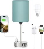 Teal Bedside Lamp for Nightstand - 3 Color Temperature Table Lamp with USB C and A Ports, Pull Chain Lamp for Bedroom with AC Outlet, Desk Lamp with Silver Metal Base for Kids Girls