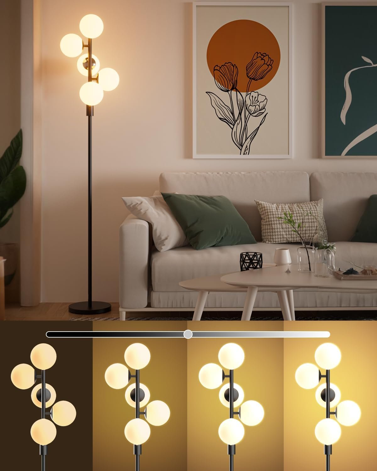 61axb9AMTtL._AC_SL1500_.jpg Dimmable (Brightness Adjustable) Globe Floor Lamp, Black Retro Standing Lamps with 5x3000K G9 Bulbs Included, Mid Century Modern Floor Lamp for Living Room - Image 1