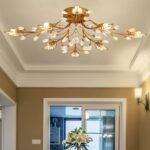 Vintage Brass Crystal Branch Chandelier Flush Mount Crystal Ceiling Lights Fixture Tree Leaves Pendant Light for Living Room Dining Room Bedroom