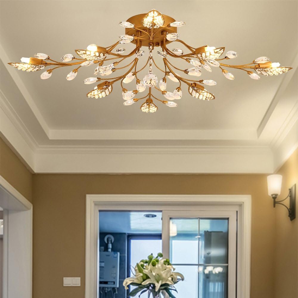 61bxuvqXVtL._AC_SL1000_.jpg Vintage Brass Crystal Branch Chandelier Flush Mount Crystal Ceiling Lights Fixture Tree Leaves Pendant Light for Living Room Dining Room Bedroom - Image 1
