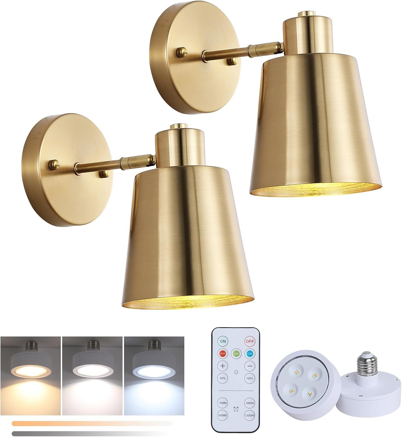 61e74CmCEL._AC_SL1500_.jpg Battery Operated Wall Sconce Set of Two,Gold Modern with Remote Control Dimmable Wall Lighting Indoor, Not Hardwired Led Wall Lamp Fixtures for Bedroom, Bulb Included - Image 1