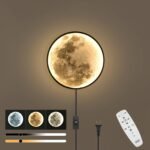 Dimmable Moon Wall Sconce Plug in Modern LED Wall Light with Remote Control 9.5inch 15W Black Wall Lamp Indoor Wall Mounted Lighting Ceiling Light Fixture for Living Room Bedroom