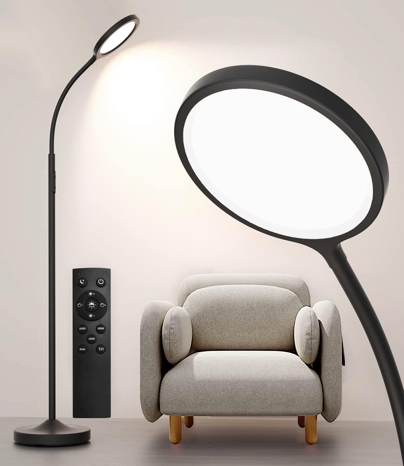 61tKBisT-fL._AC_SL1500_.jpg Floor Lamp,Super Bright Dimmable LED Lamps for Living Room, Custom Color Temperature Standing Lamp with Remote Push Button, Adjustable Gooseneck Reading Floor Lamp for Bedroom Office Black - Image 1
