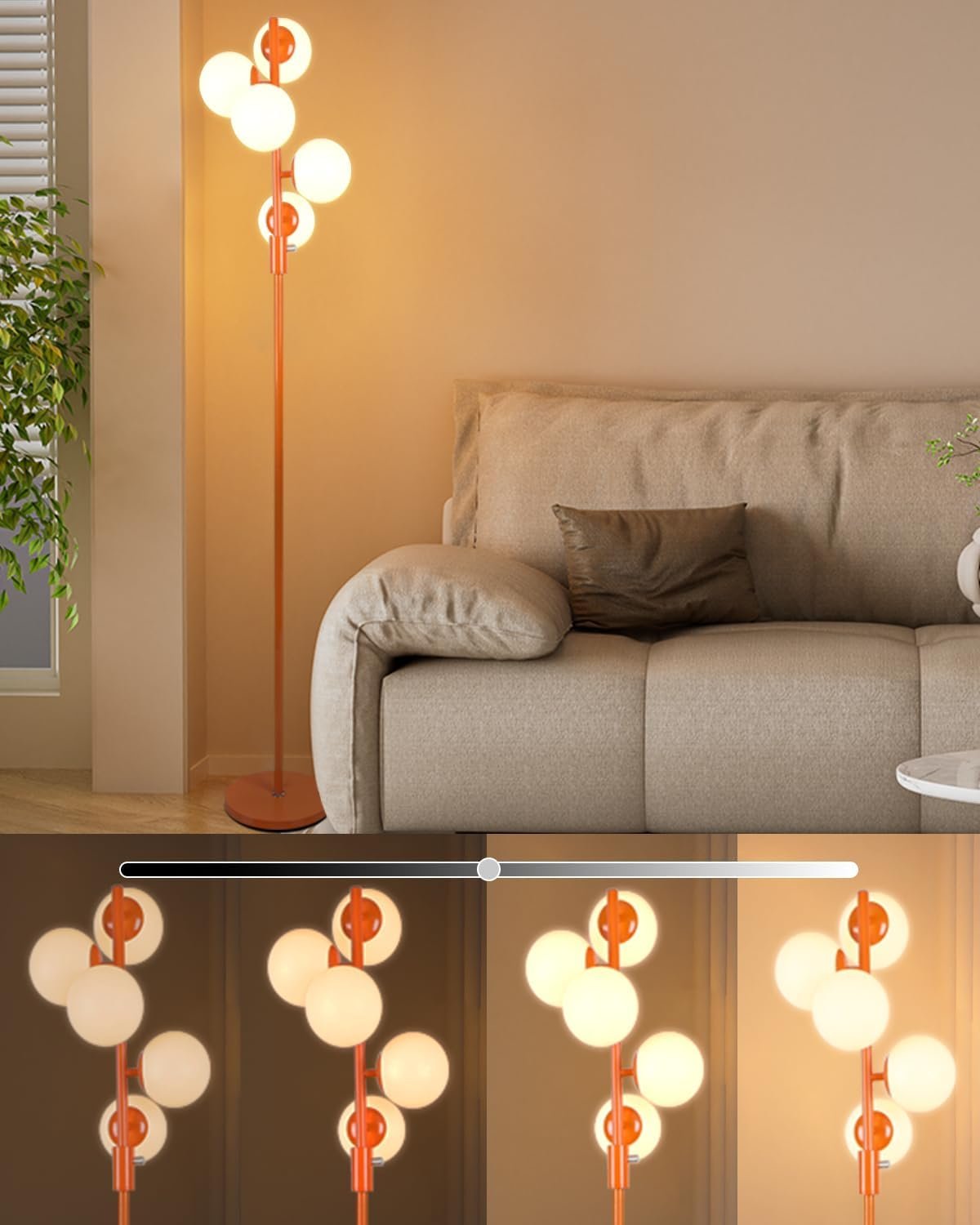 61xD78J0DQL._AC_SL1500_.jpg Dimmable (Brightness Adjustable) Globe Floor Lamp, Orange Pole Retro Standing Lamps with 5x3000K G9 Bulbs Included, Mid Century Modern Floor Lamp for Living Room - Image 1