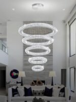 Modern Crystal Chandelier Lighting, 5 Ring Chandelier LED Ceiling Lights Fixtures High Ceiling Foyer Chandelier for Staircase, D8''+15.7"+23.6"+31.5"+39.4"