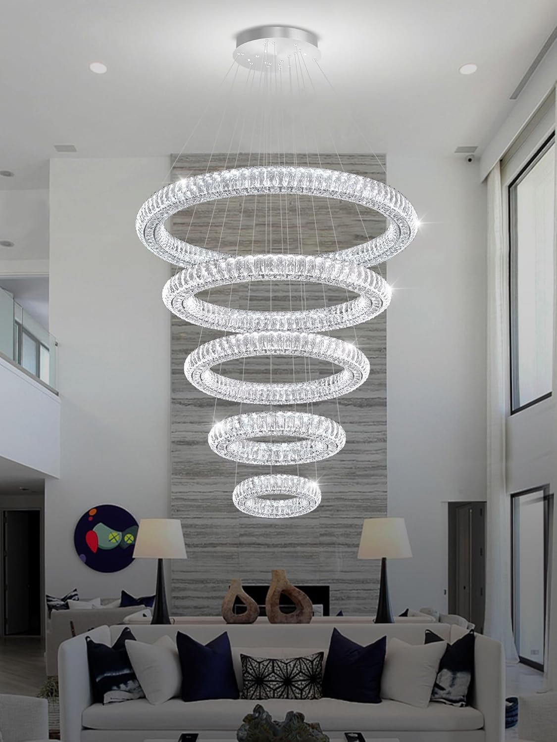 71-OzYEjAlL._AC_SL1500_.jpg Modern Crystal Chandelier Lighting, 5 Ring Chandelier LED Ceiling Lights Fixtures High Ceiling Foyer Chandelier for Staircase, D8''+15.7"+23.6"+31.5"+39.4" - Image 1