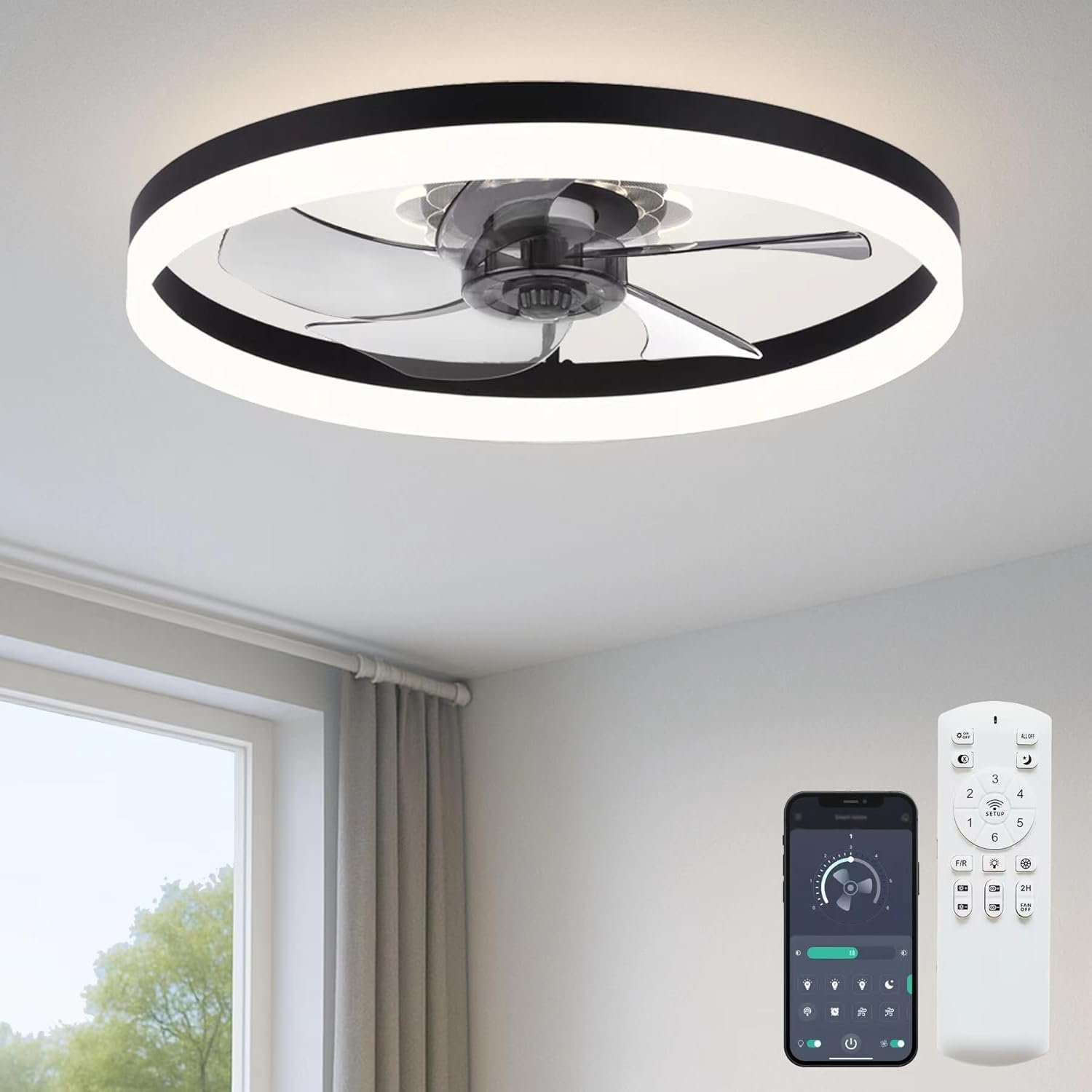 71-yyKKN6uL._AC_SL1500_.jpg 20'' Ceiling Fan with Light, Upgraded Low Profile Fan, Flush Mount Ceiling Fan, 6 Speeds, Dimmable LED, App & Remote Control, Quiet DC Motor, for Bedroom, Living Room, F115 Black - Image 1