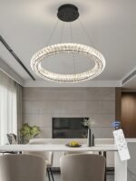 Modern Black Crystal Chandelier Dimmable LED 23.6" Ring Pendant Light Adjustable Round Crystal Chandelier Light Fixtures for Dining Room Living Room - Image 2