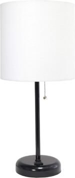 Black Stick Table Desk Lamp with Charging Outlet and Drum Fabric Shade, White