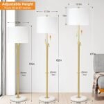 Modern Floor Lamp for Living Room, Adjustable Height Standing Lamp with Marble Base, 3-Way Dimmable Gold Brass Tall Pole Light with White Linen Shade for Reading, Bedroom, Chain Switch, Bulb Included - Image 2