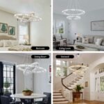 LED Modern Crystal Chandelier 19.7 x 11.8 inches Ceiling Pendant Light 2 Rings Adjustable Stainless Steel Lighting Fixtures Dining Room Living Room (White) - Image 2
