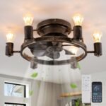 Ceiling Fans with Lights and Remote, 20 Inch Low Profile Flush Mount Ceiling Fan with Light, Farmhouse Rustic Industrial Fan Lights Ceiling Fixtures for Bedroom,Kitchen(6 Speed,Timing)-Bronze
