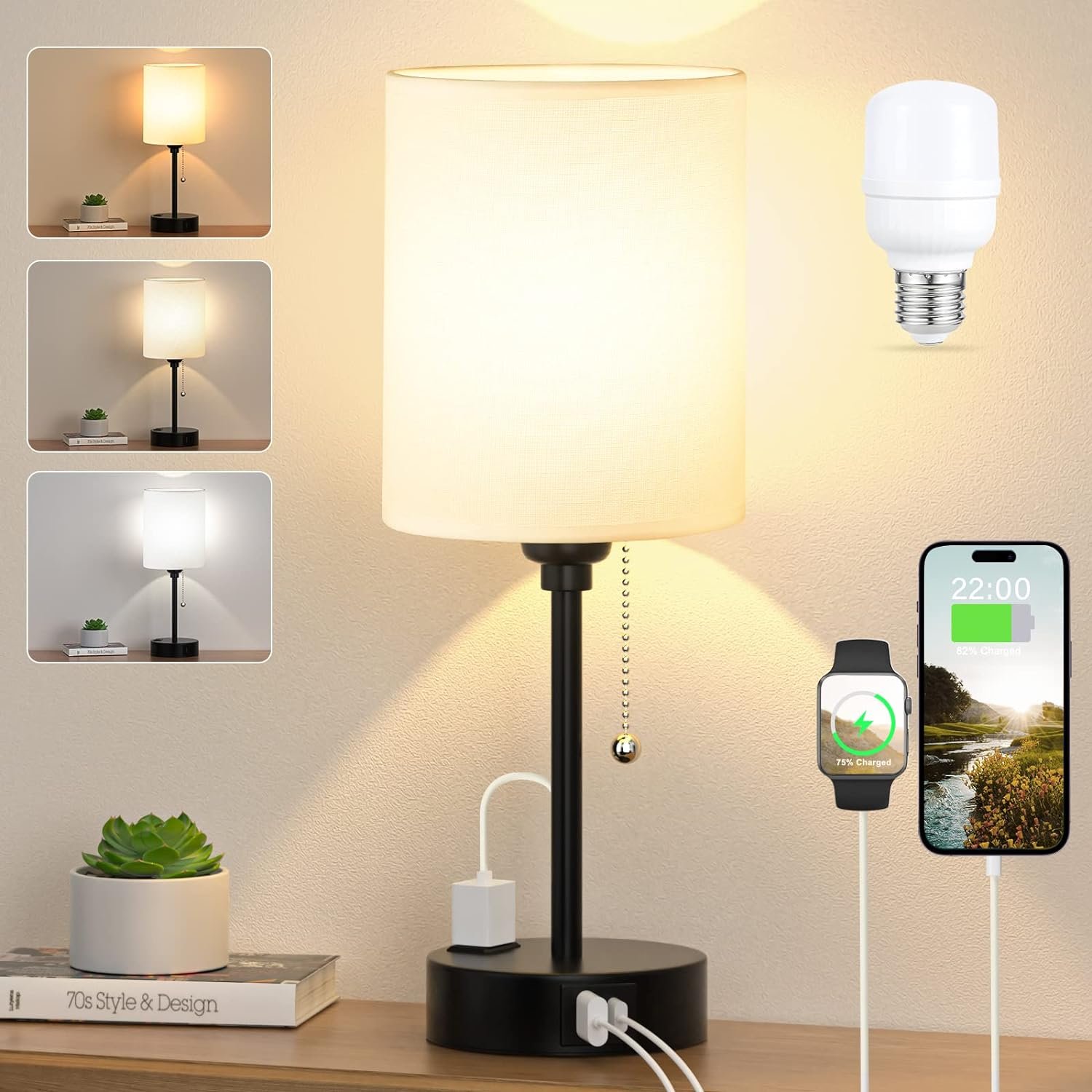71C-9a3M-jL._AC_SL1500_.jpg Small Bedside Table lamp for Bedroom - 3 Color Temperatures Bedside Lamps with USB C and A Ports, Pull Chain Table Lamps with AC Outlet, White Nightstand Lamps with Black Metal Base for Kids Reading - Image 1