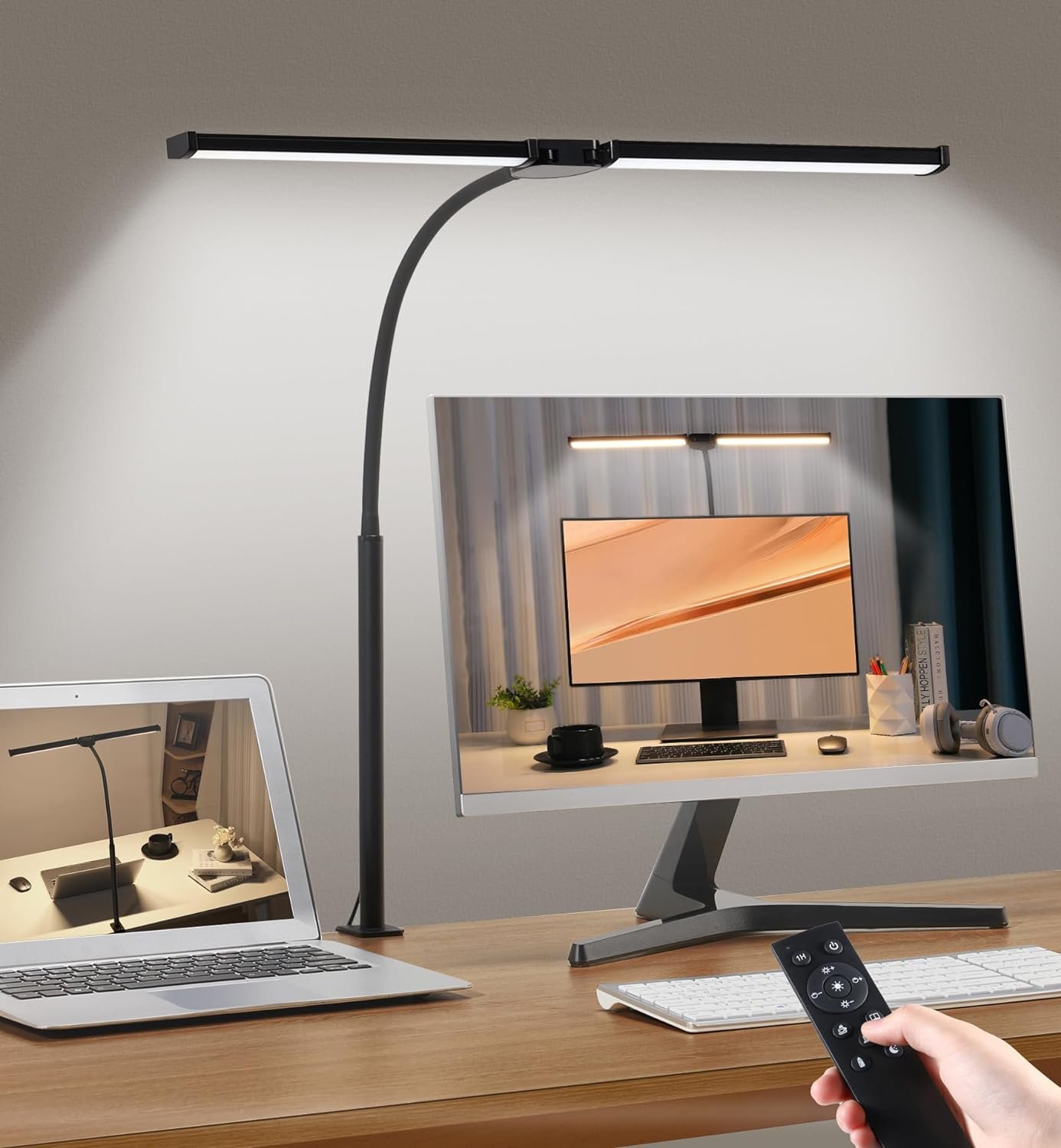 71CyRyEBOKL._AC_SL1500_.jpg Led Desk Lamp for Home Office, Eye-Care Architect Light with Clamp, Smart Double Head Computer Monitor Table Clip Lamp, Adjustable Flexible Gooseneck, 25 Lighting Models, Task lamp, Black - Image 1