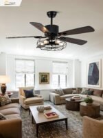 52" Industrial Ceiling Fan Farmhouse Caged Chandelier Fan with Light Remote Vintage Rustic Indoor Fandelier with Silent Motor for Dining Living Room Bedroom Porch Outdoor (Coffee) - Image 2