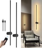 Battery Operated Wall Sconces Set of Two, USB Rechargeable Wall Lights with Remote Control, Dimmable LED Wall Lamp Indoor, 360?? Rotation Wireless Lights for Living Room Bedroom Hallway, Black, 39 inch