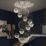 Modern Foyer Chandeliers for High Ceiling, Large Staircase Chandelier with Spiral Sphere Design, Raindrop Crystal Chandelier Flush Mount Ceiling Light for Entryway Living Room