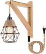 Wall Lamp with Plug in Cord - Plug in Wall Sconces, Farmhouse Hanging Lamps That Plug into Wall Outlet, Rustic Wall Mount Lamp with Wood Shelf Bracket & Switch Cord for Living Room, Bedroom
