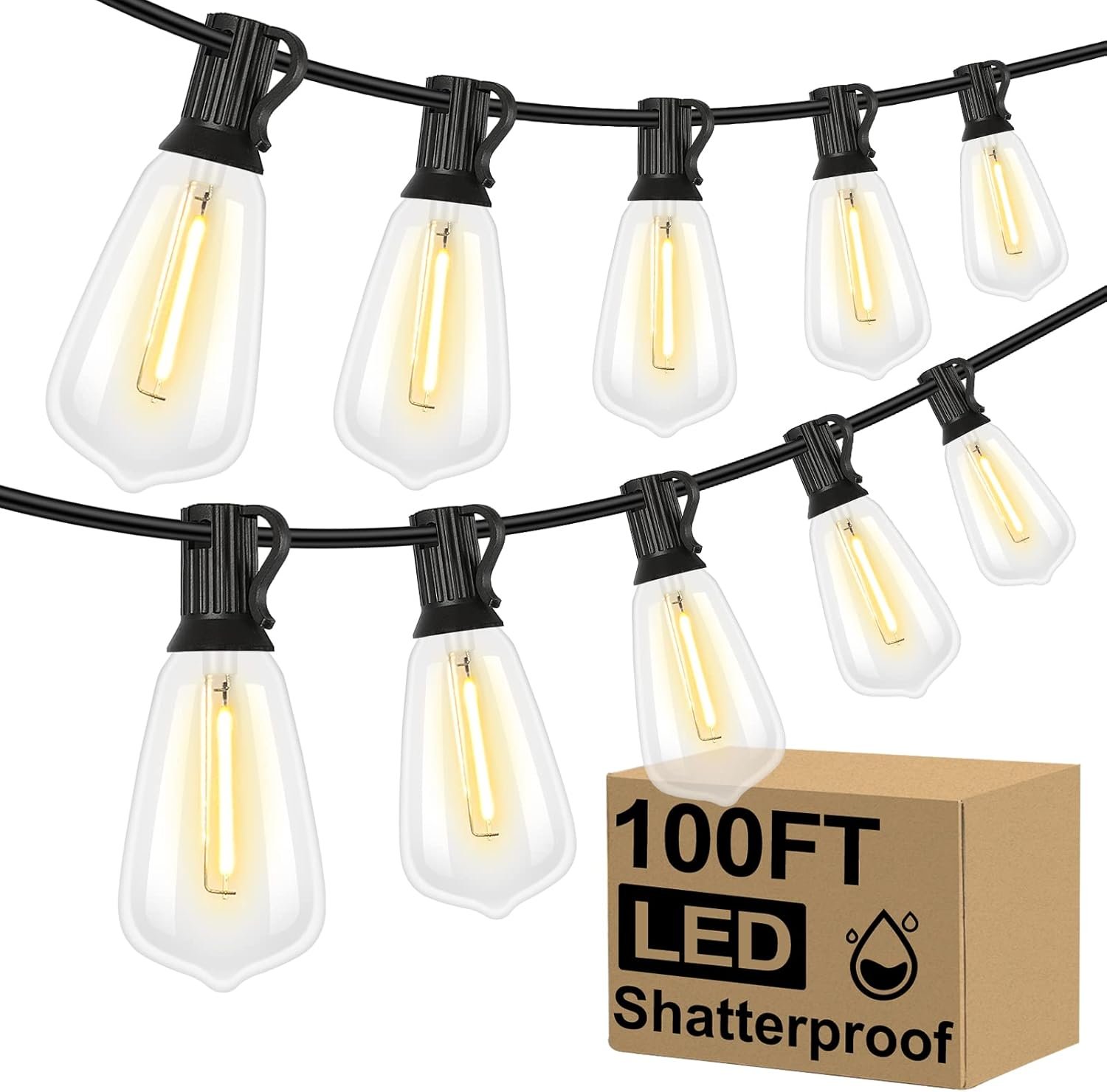 71JM1dsFQ1L._AC_SL1500_.jpg LED Outdoor String Lights 100FT Patio Lights with 52 Shatterproof ST38 Vintage Bulbs, Outside Hanging Light Waterproof for Porch, Deck, Garden, Backyard, Balcony, Dimmable 2700K - Image 1