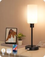 19" Glass Table Lamp with Full Body Touch Control, Modern Bedside Lamp, 3-Stage Dimmable & USB-A+Type-C Charging Ports, Nightstand Lamp for Living Room, Bedroom (Black)