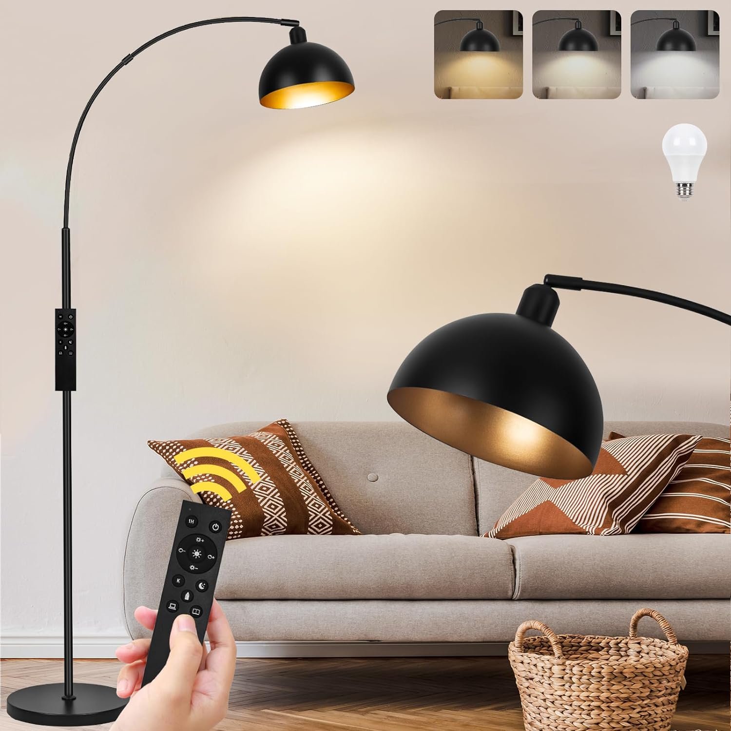 71LVqmPNKzL._AC_SL1500_.jpg Black Arc Floor Lamps for Living Room - Dimmable Arched Floor Lamp with Remote Control & 2700-6000K 9W LED Bulb Included, Modern Arch Standing lamp, Industrial Tall Lamp for Bedroom Reading - Image 1