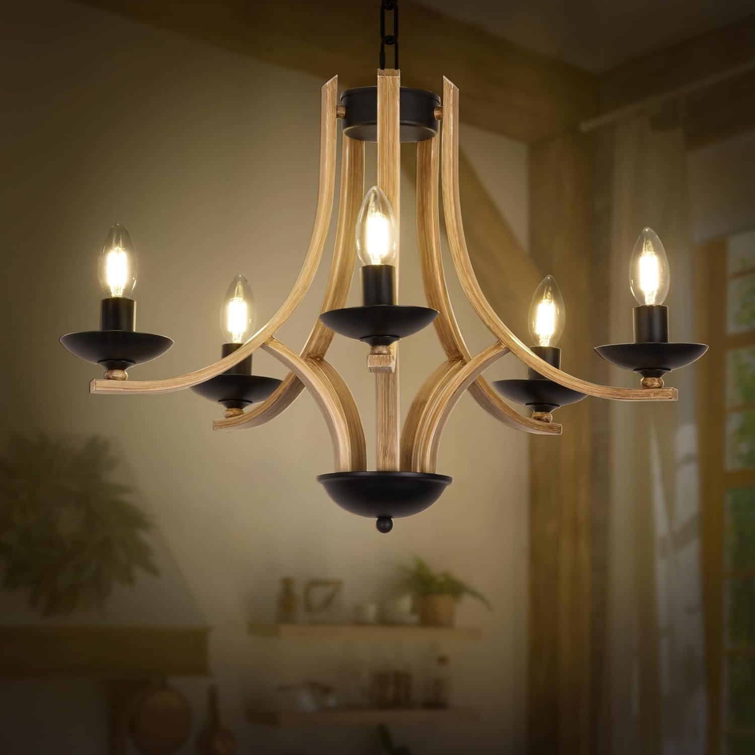 71PcrxNRuvL._AC_SL1500_.jpg Rustic Faux Wooden Farmhouse Chandeliers for Dining Room, Modern Living Room Chandelier Light Fixture, Dining Chandeliers Over Table, Unique Hanging Chandelier with Chain for Foyer Kitchen Entryway - Image 1