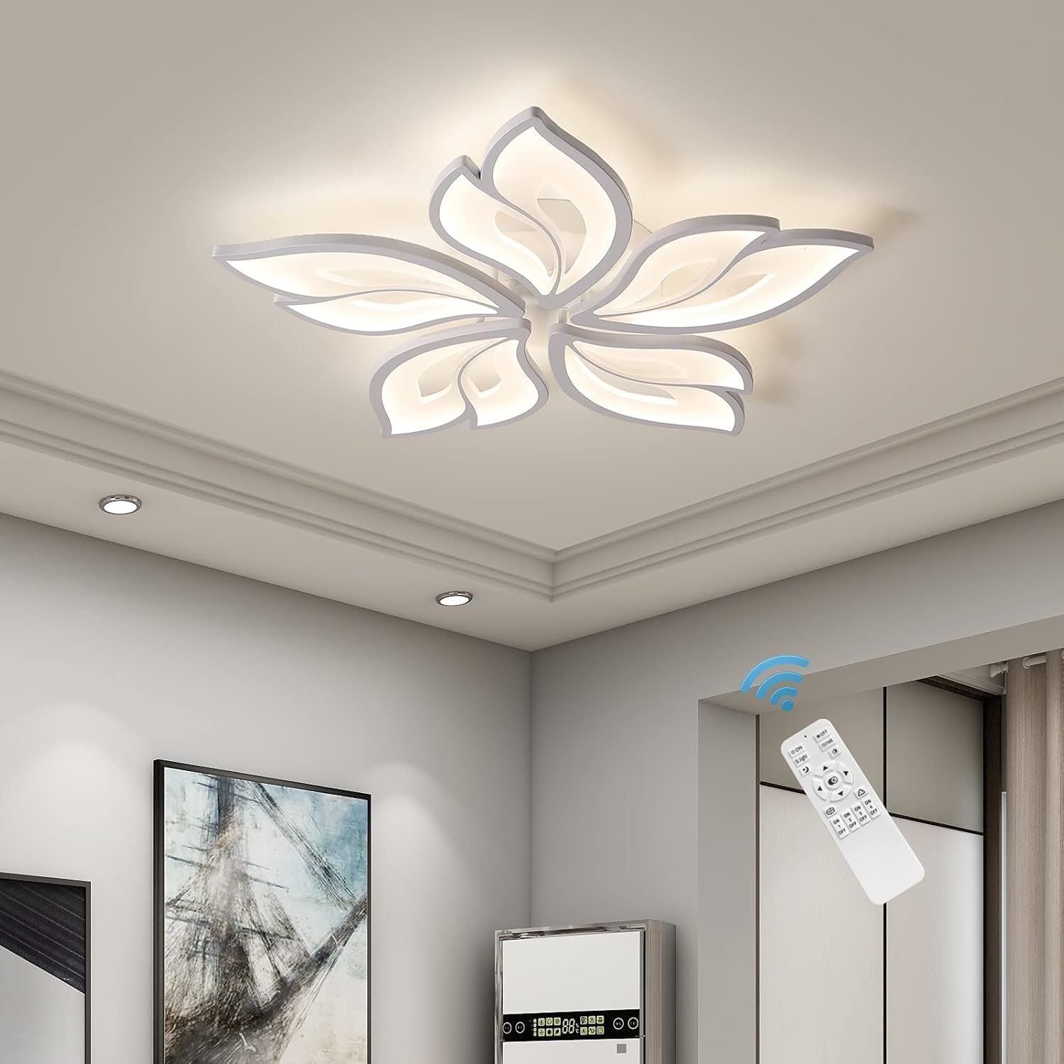 71T5aIkkOsS._AC_SL1500_.jpg Modern Ceiling Light,23.6?? Dimmable LED Chandelier Flush Mount,Remote Control Acrylic Leaf Lamp Fixture for Living Room Dining Room Bedroom 60W - Image 1