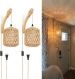 Plug in Wall Sconces Set of Two Hand Woven Lamp with Cord Rattan Lights Farmhouse Sconce Mounted Light Boho Lighting for Bedroom Living Room