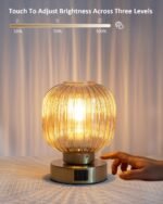 Touch Small Table Lamp,Elegant Gold Glass Bedside Lamp 3 Way Dimmable with USB C+A Charging Ports - Bedroom Nightstand & Living Room Essential, 4W Bulb Included (Gold) - Image 2