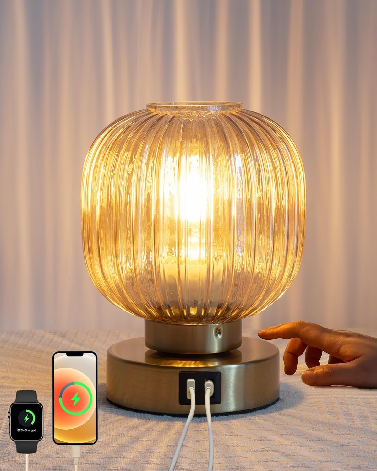 71a7HV-lSCL._AC_SL1500_.jpg Touch Small Table Lamp,Elegant Gold Glass Bedside Lamp 3 Way Dimmable with USB C+A Charging Ports - Bedroom Nightstand & Living Room Essential, 4W Bulb Included (Gold) - Image 1
