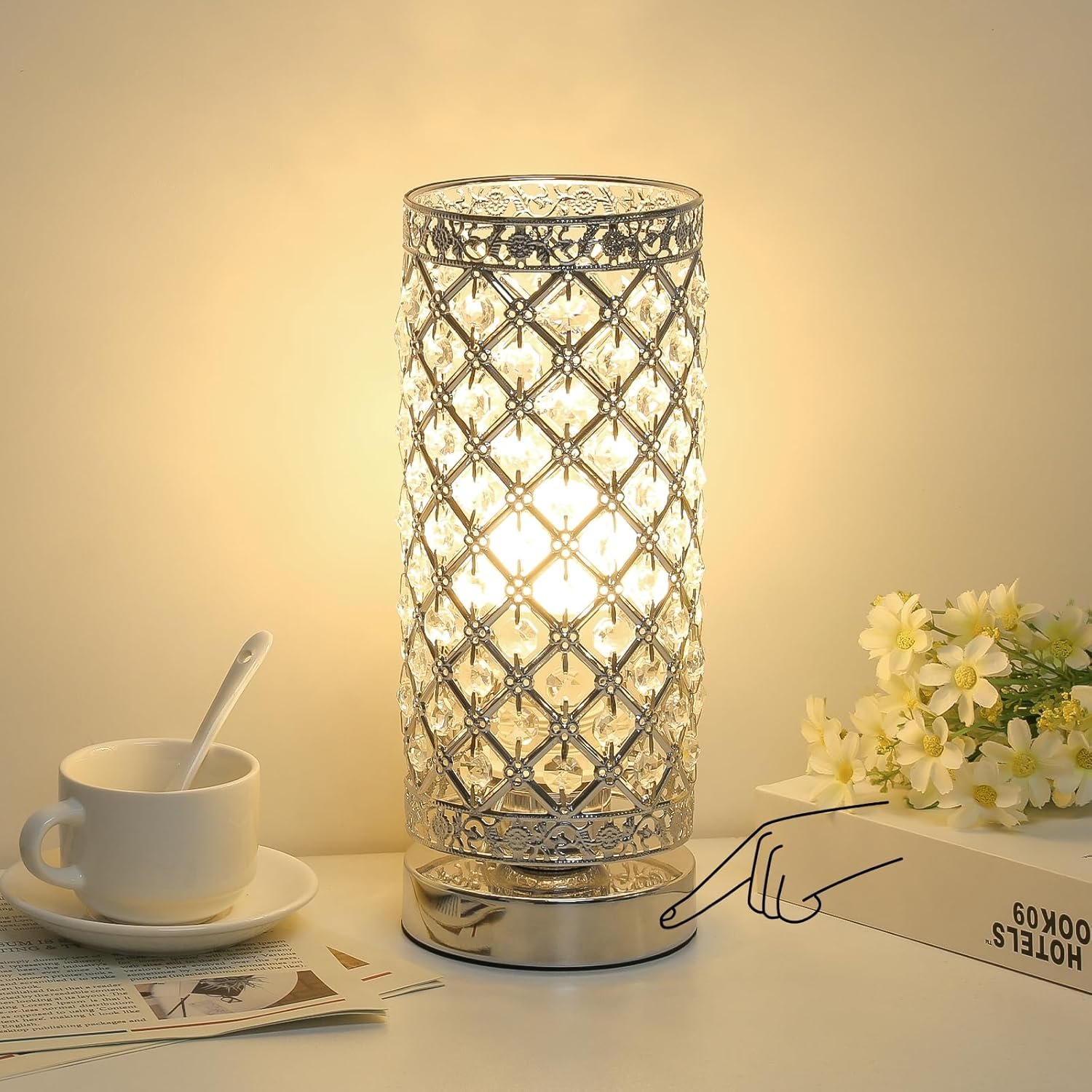 71bXDIH17BL._AC_SL1500_.jpg Seaside village Crystal Table Lamp Touch Control Dimmable Accent Desk Lamp Bedside Modern Table Light with Silver Lamp Shade Night Light Fixture for Living Room Bedroom Kitchen - Image 1