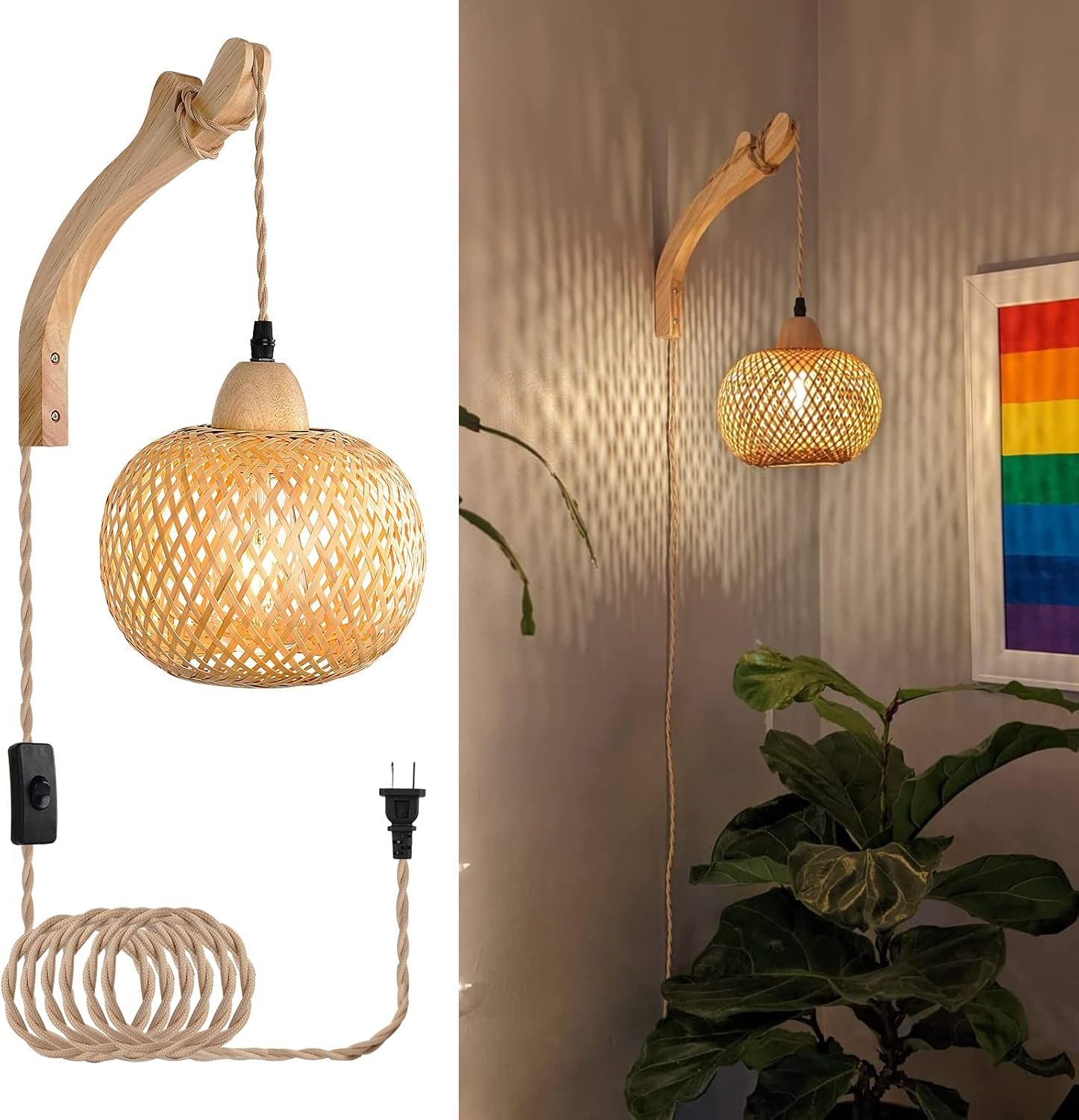 71e8RPuEgjL._AC_SL1500_.jpg Bamboo Lantern Plug in Wall Sconces Wicker Wall Lamp with Plug in Cord Hand Woven Rattan Wall Light Farmhouse Rustic Wall Sconces Boho Sconces Wall Lighting for Living Room Bedroom - Image 1