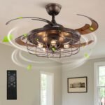 48 Inches Retractable Caged Ceiling Fan with Lights, Reverse Industrial Rusty Fandelier Fan Chandelier with Remote Control for Living Room Dining Room Bedroom - 5 Lights