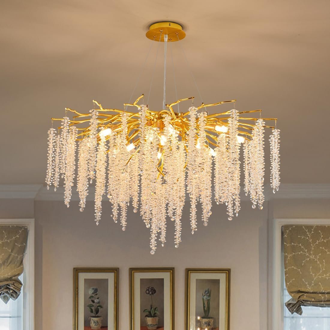 71jZj4-EaNL._AC_SL1100_.jpg Crystal Tree Branches Chandeliers Luxury Round Raindrop Pendant Light Fixture Ceiling Hanging Light for Dining Room Bedroom Living Room Entryway D31.5?? Gold - Image 1