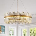 23.6" Dimmable Modern LED Crystal Chandeliers,Gold Chandelier Light Fixture, 3 Colors Contemporary Pendant Ceiling Light for Dining Room Living Room Kitchen Island Entryway Foyer ,With Remote Control