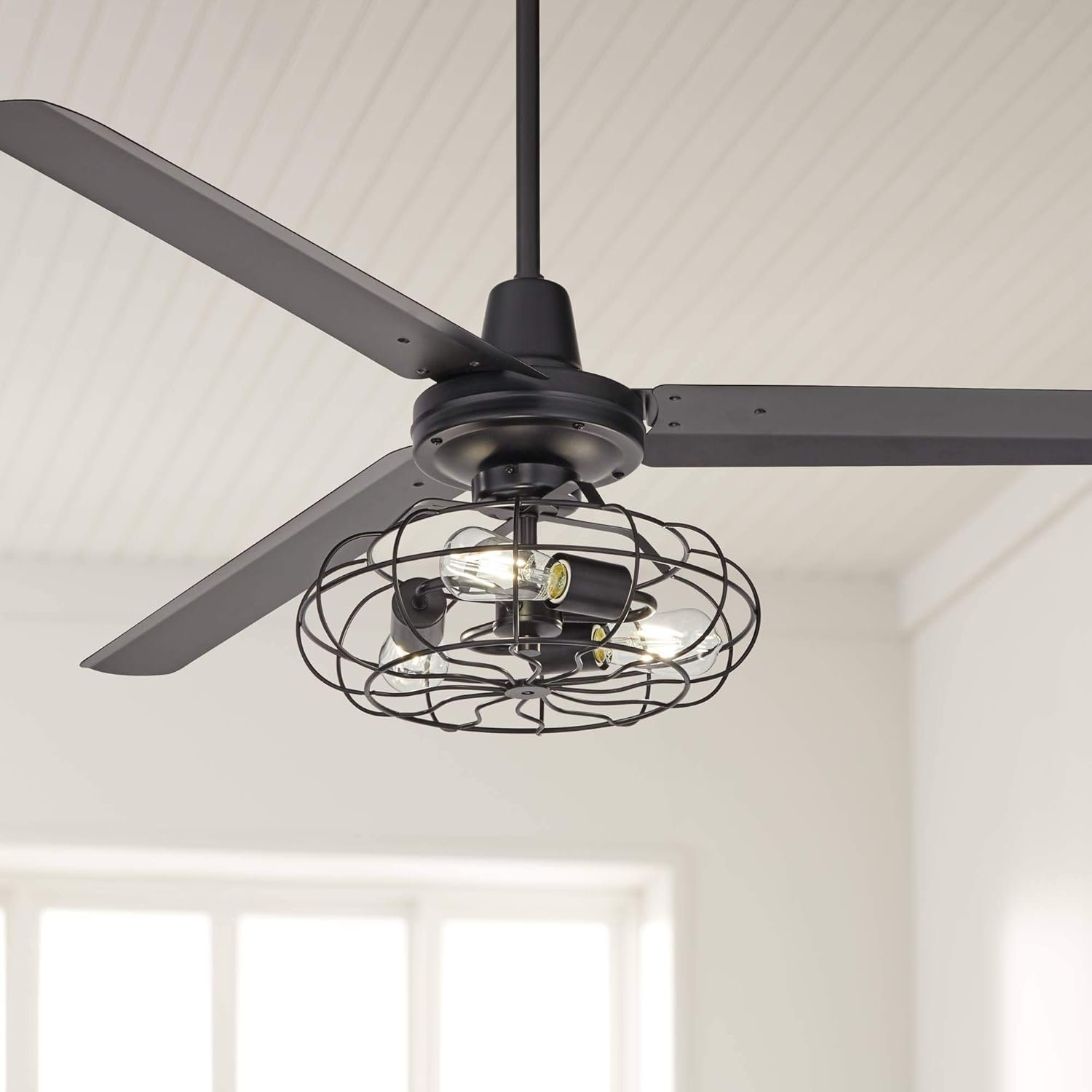 71ru6FV2TkL._AC_SL1500_.jpg 60" Modern Industrial 3 Blade Indoor Outdoor Ceiling Fan with LED 3-Light Remote Control Matte Black Cage Damp Rated for Patio Exterior House Porch Gazebo Garage Barn - Image 1