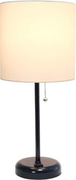 Black Stick Table Desk Lamp with Charging Outlet and Drum Fabric Shade, White - Image 2