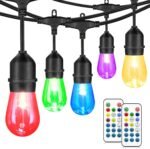 48FT Outdoor Patio Lights Waterproof Dimmable with Remote, RGB Cafe LED String Light with 15 Shatterproof Bulbs for Bistro Party-Black 1 Pack
